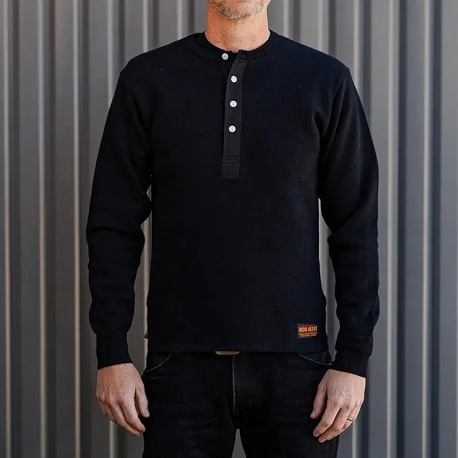 

IRON HEART Винтажный белый кошачий глаз на пуговицах 11 унций из махровой ткани, флисовый вязаный свитер с длинными рукавами и вырезом Генри, свитер