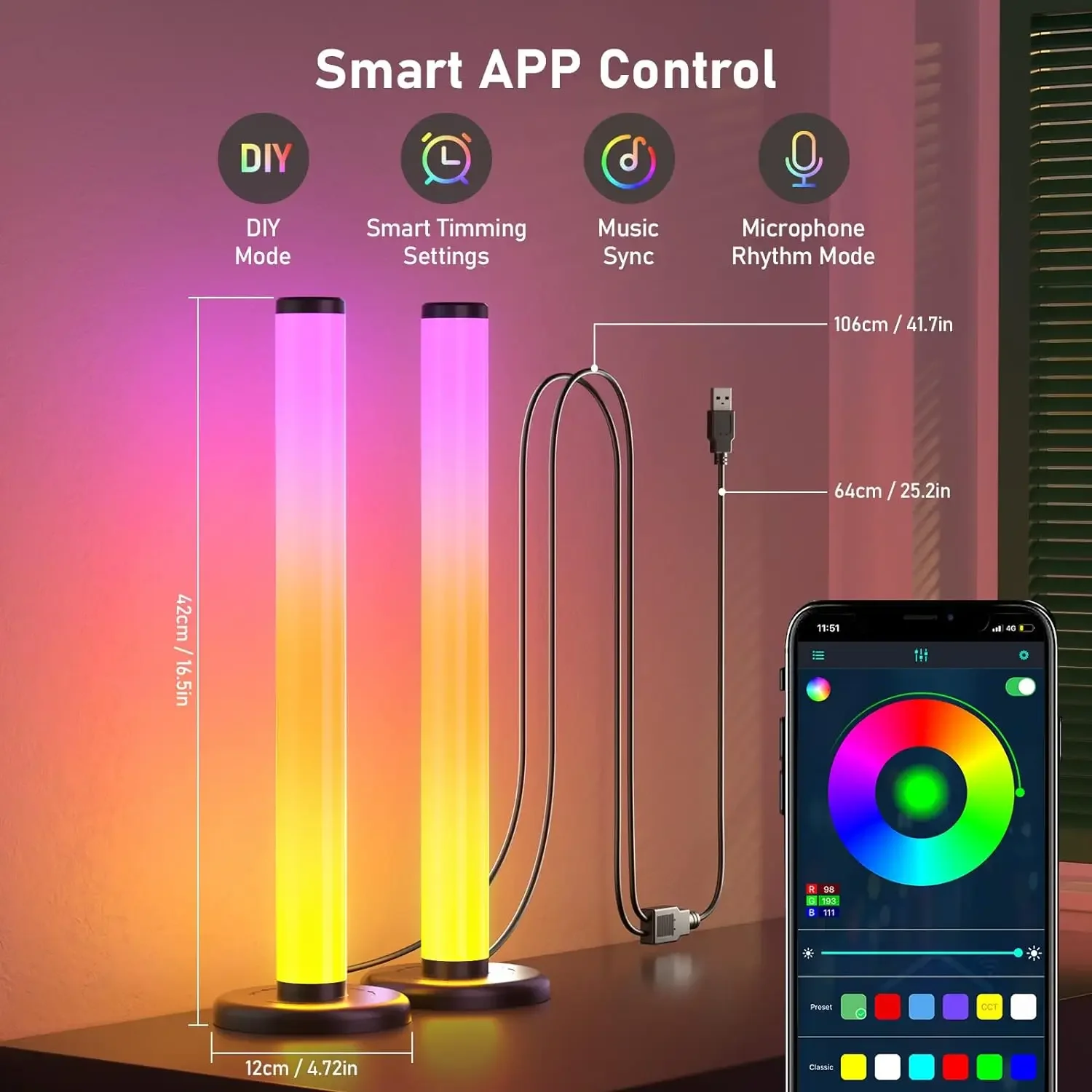 Barra de luz inteligente RGB de 360 °, lámpara de retroiluminación LED para TV con sincronización de música DIY, barra de luz de Color para PC, TV, decoración de sala de juegos