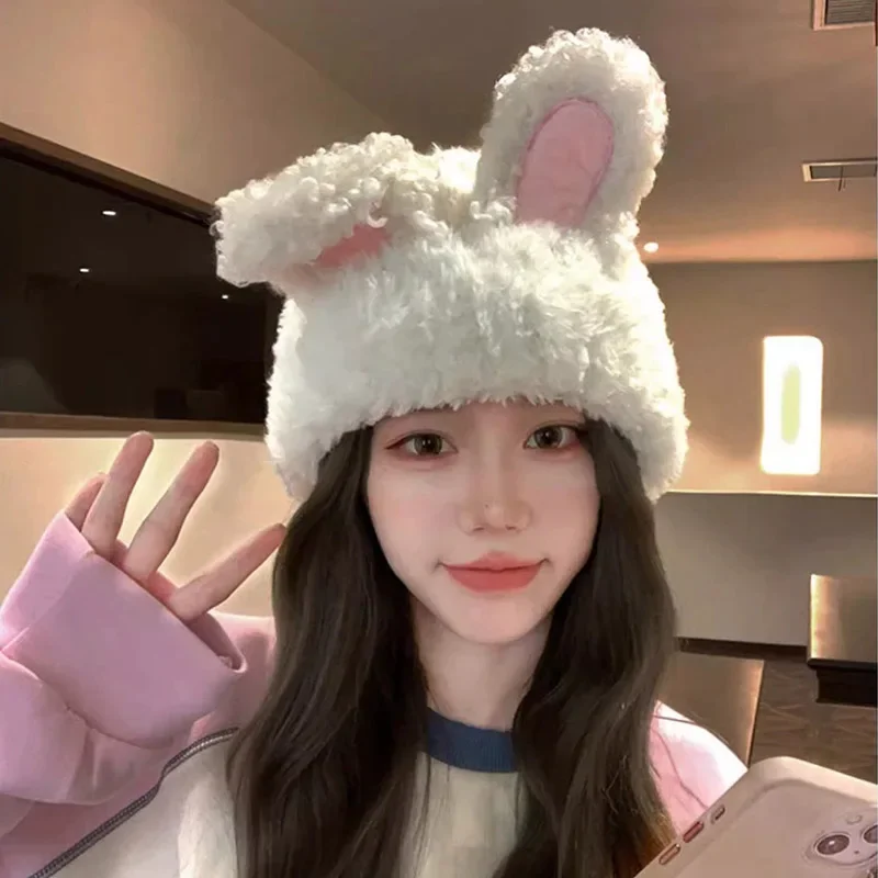 

Cute Rabbit Ear Plush Beanie Hat Thicken Winter Warm Anti Cold Knitted Pullover Cap Korean Girl Funny Cartoon Skullcaps Bonnet
