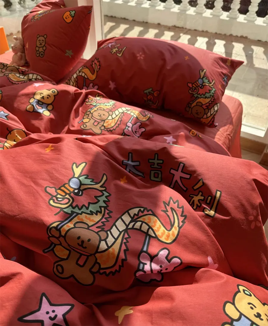 

Traditional chinoiserie red dragon beding set,twin full queen cute cartoon cotton home textile bed sheet pillow case quilt cover