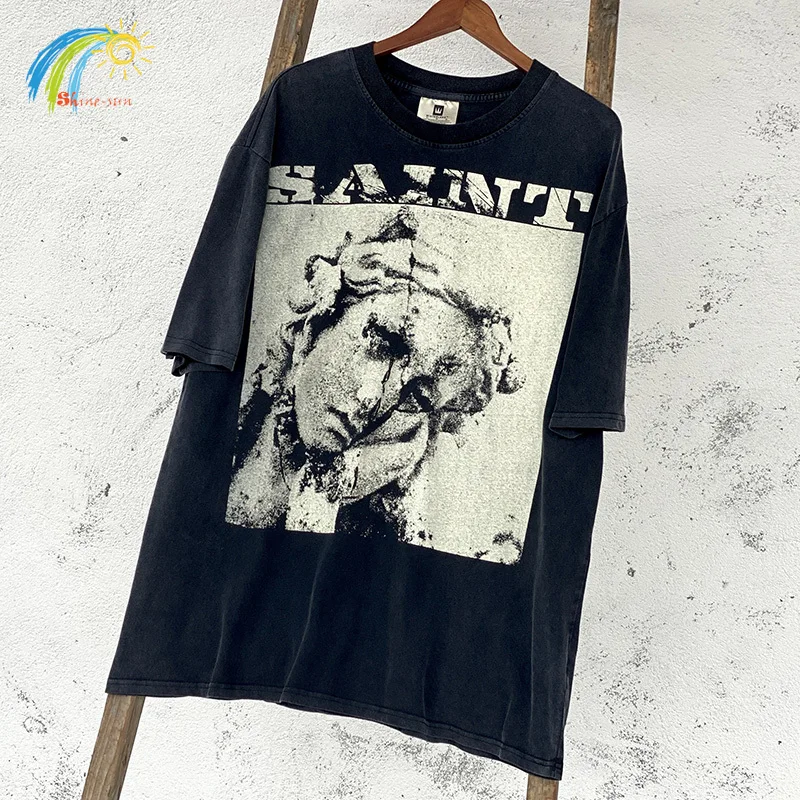 

Heavy Fabric Cotton Best Quality Vintage Washed Black T-Shirt Top Men Women Character Avatar Print Saint T Shirt Tee