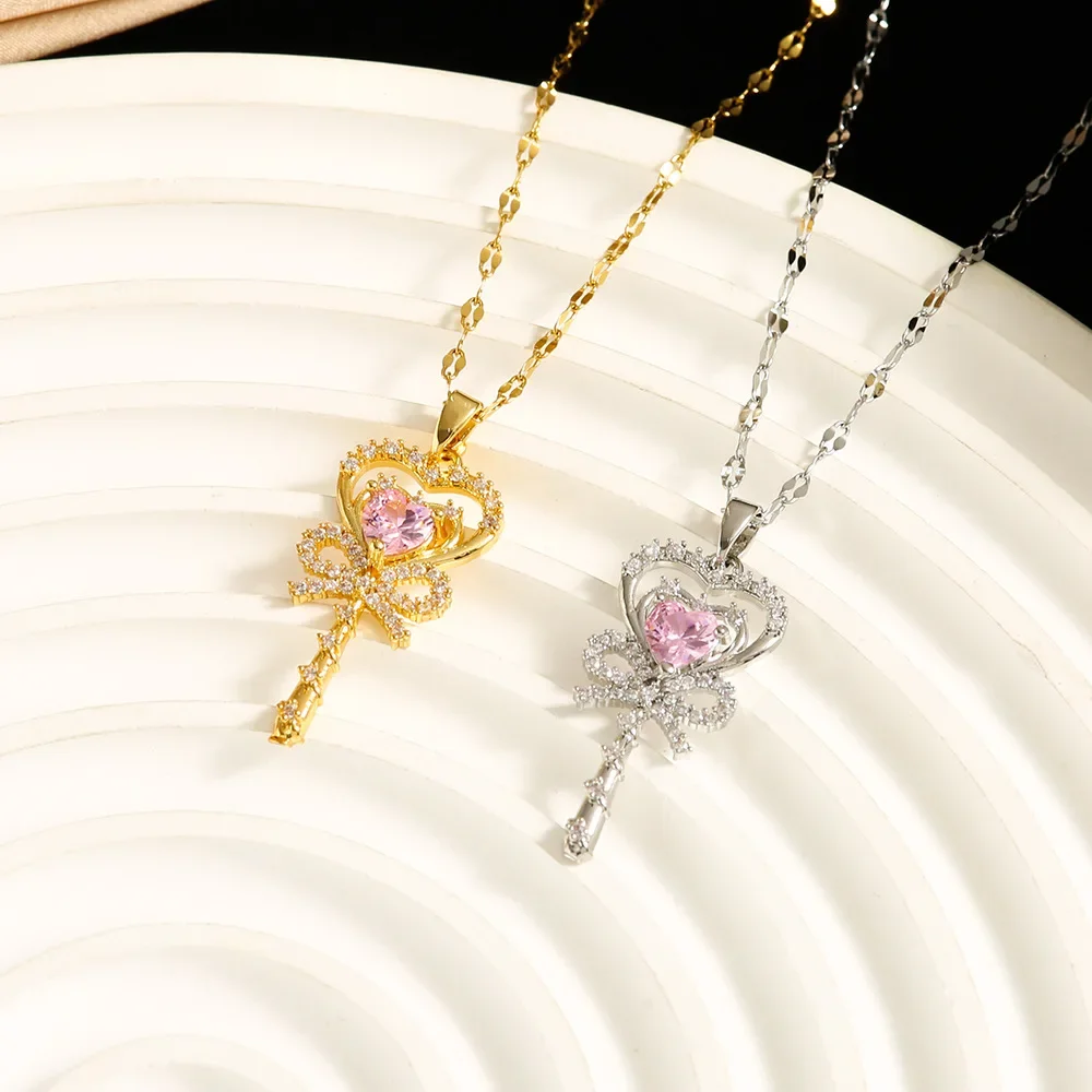 Милая девушка, стиль тяжелой промышленности, цепочка на ключицу, светлое роскошное ожерелье с волшебной палочкой в форме сердца с розовыми бриллиантами