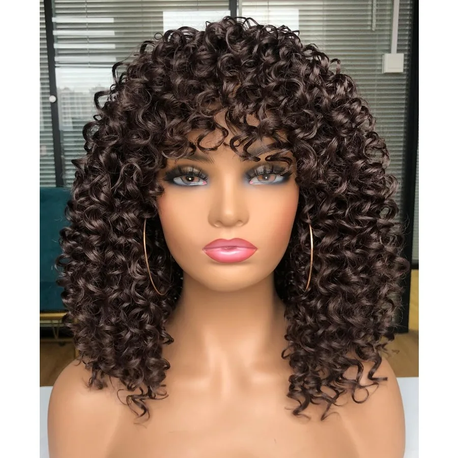 باروكات أفريقية مجعدة للنساء السود شعر مستعار شديد التجعد مع الانفجارات من الألياف الاصطناعية ذات مظهر طبيعي بدون صمغ لراحة الارتداء اليومي