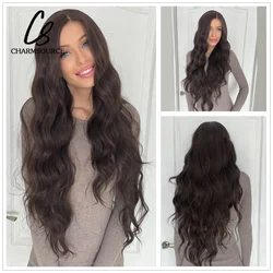 CharmSource Lace Wig Long Natural Wavy Front Lace Wigs Dark Brown Synthetic Wigs for Women Daily Party Wedding Hair Glueless