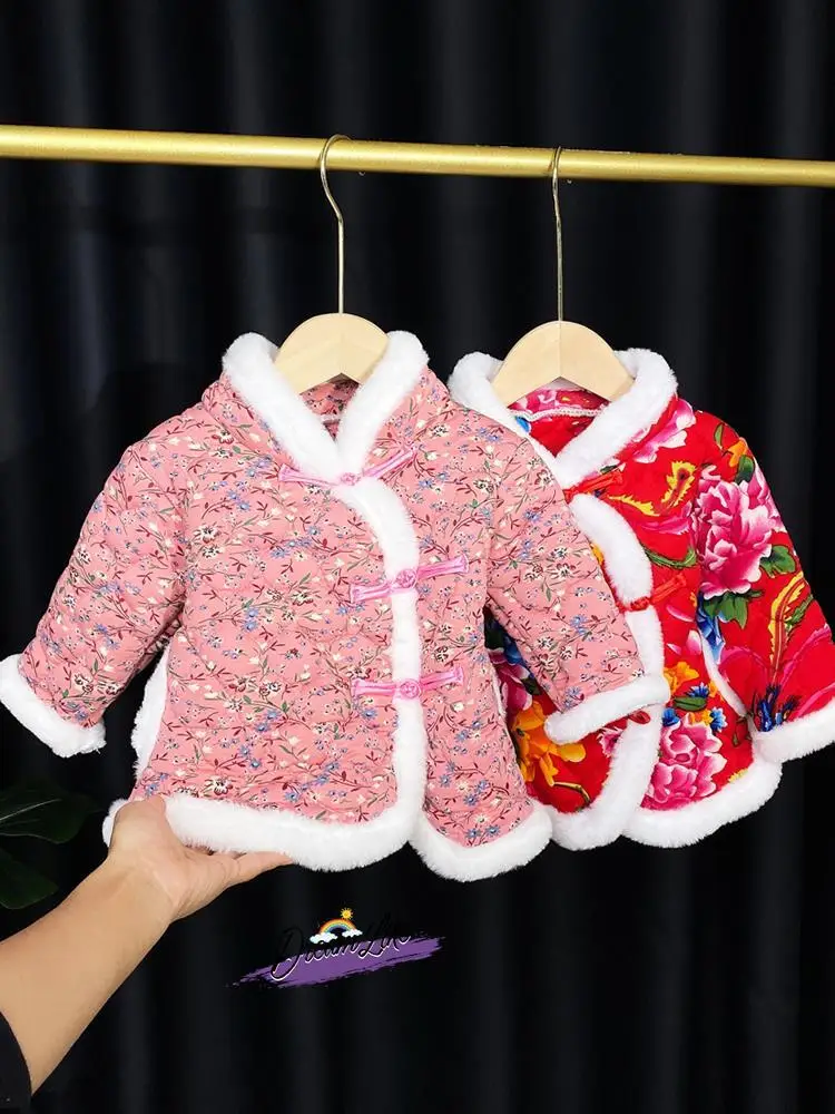 

Детский зимний хлопковый костюм с крупным цветочным узором для девочек: традиционный ханьфу/танфу, новогодний наряд для малышей