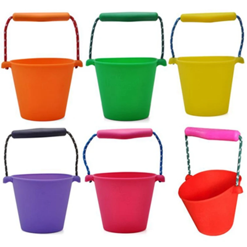 Kids Beach Bucket Silicone Folding Hand-Held Barrel Toy Baby Shower Bath Toy Sand Dabbling Pour Water Toy