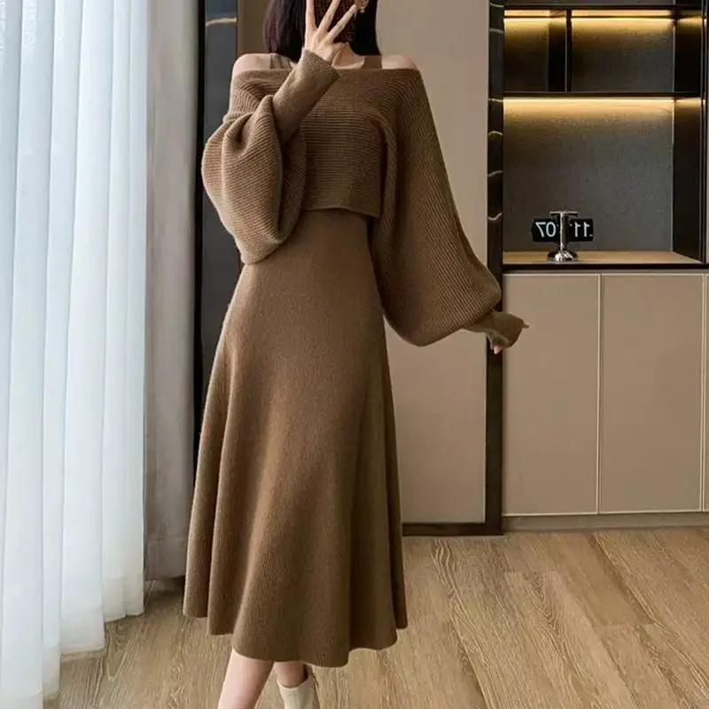 

Fashion Women's Set 2025 Autumn/Winter New One Shoulder Knitted Top Dress Elegant Women's Two Piece Set