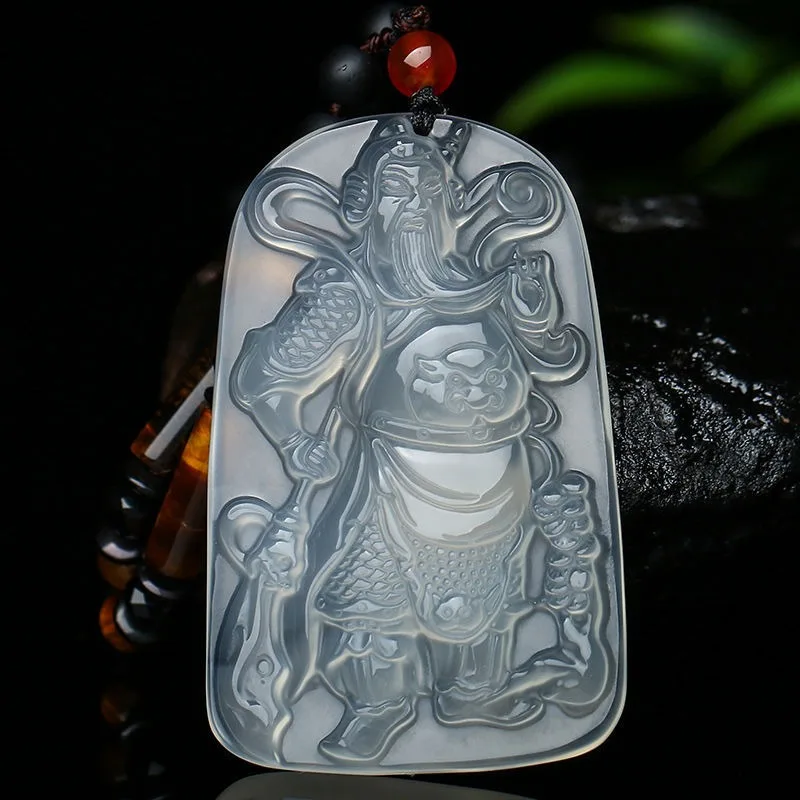 

Natural Ice White Agate Chalcedony Ethnic Style Guan Gong Pendant