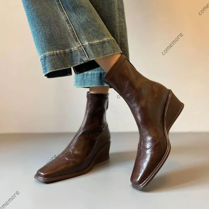 Comemore Fashion Square Head Ankle Boots for Women Wedeg Heel Solid Leather Back Zipper Short Botines Spring Autumn Ladies Shoes