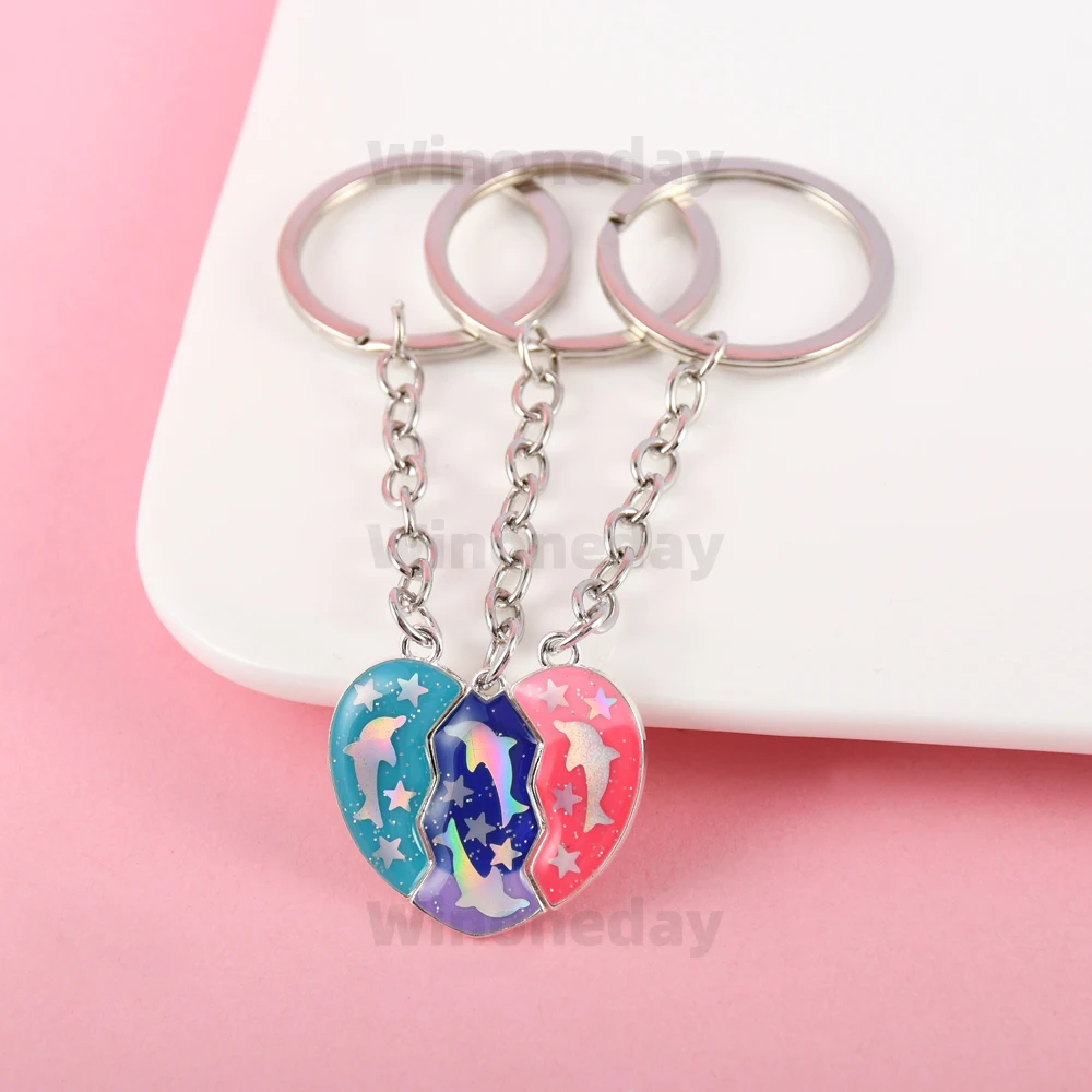Winoneday 3Pcs/set Cute Heart-shaped Dolphin Sequin Stitching Best Friend Bestie Key Chain for Women Fashion Friendship Gifts