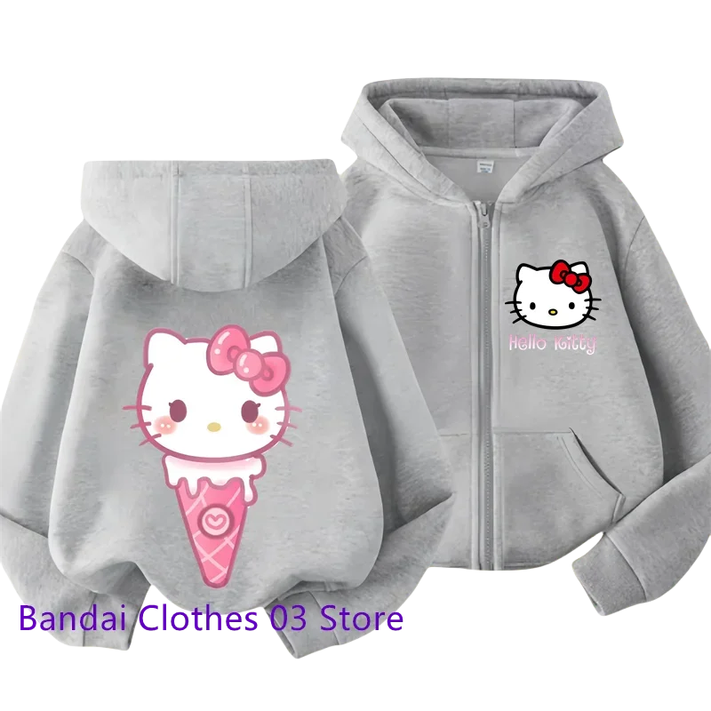 2024 Hello Kitty New Pin Zipper Hoodie Girls Sweatshirt Autumn/Winter Long Sleeve Jacket Harajuku Jumper Pin Casual Hoodie Top