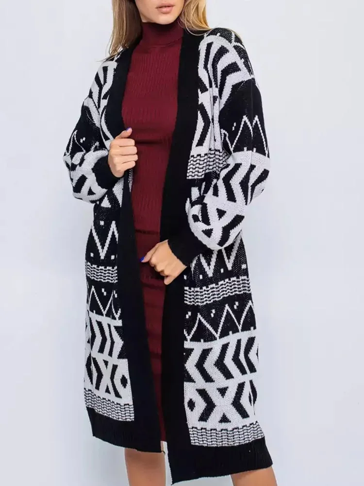 

Fashion V-Neck Loungewear Printing Cardigan Coats Women Autumn Winter 2023 Full Sleeve Casual Ladies Long Sweaters Dropshipping