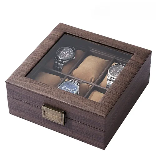 Imagen 2 del producto Caja de presentación de colección de almacenamiento de relojes cuadrada de 6 bits de cuero PU de grano de madera, caja de almacenamiento de joyería de reloj de alta gama, caja de joyería para hombres