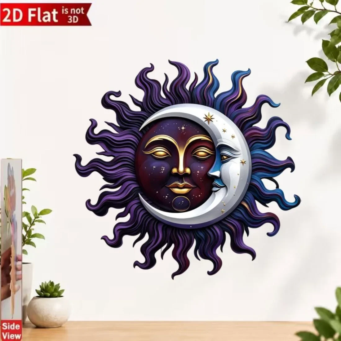 CIFBUY 1pc 2D Flat Mystic Purple Obsidian Sun & Moon Embrace Metal Wall Hanging, Fantasy Retro Wall Art