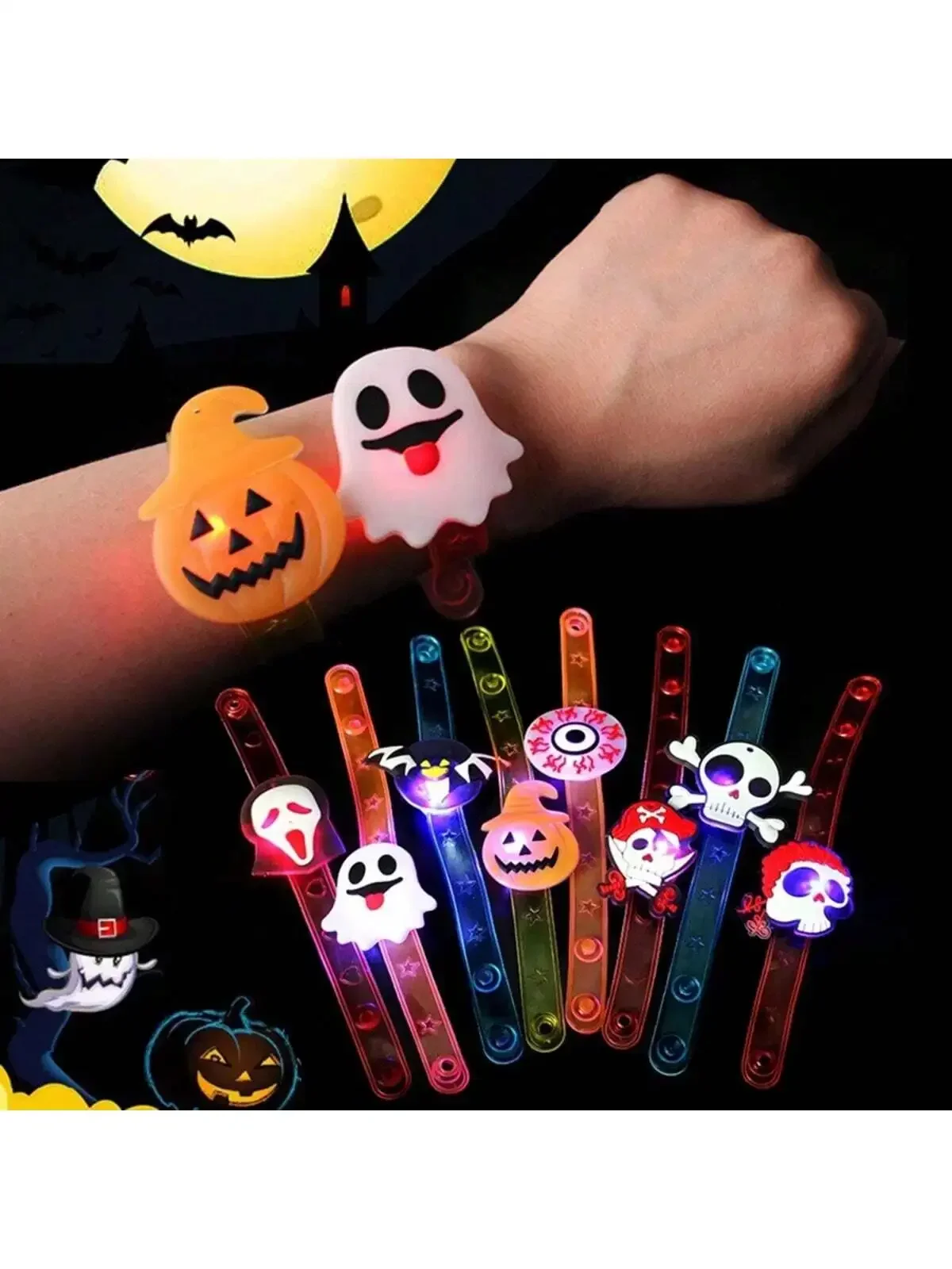 1/10 Pcs Halloween Party Gifts Glowing Brooch Watch Toys Kids Souvenir Children Fillers Rubber Toy Silicone Cartoon Bracelet