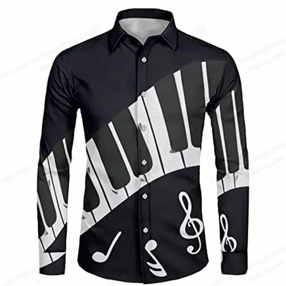 Long Sleeve Hawaiian Shirts Men Fashion Music Hawaii Shirt Instrument Beach Blouses Single Breasted Camisas Men\'s Clothing Aloha