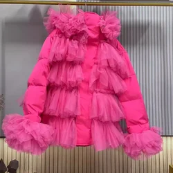 Winter Thick Cotton Padded Multi-Layers Mesh Ruffles Hooded Jacket Yarn Patchwork Ruched Cotton Quilted Coat Parka Cardigan Tops