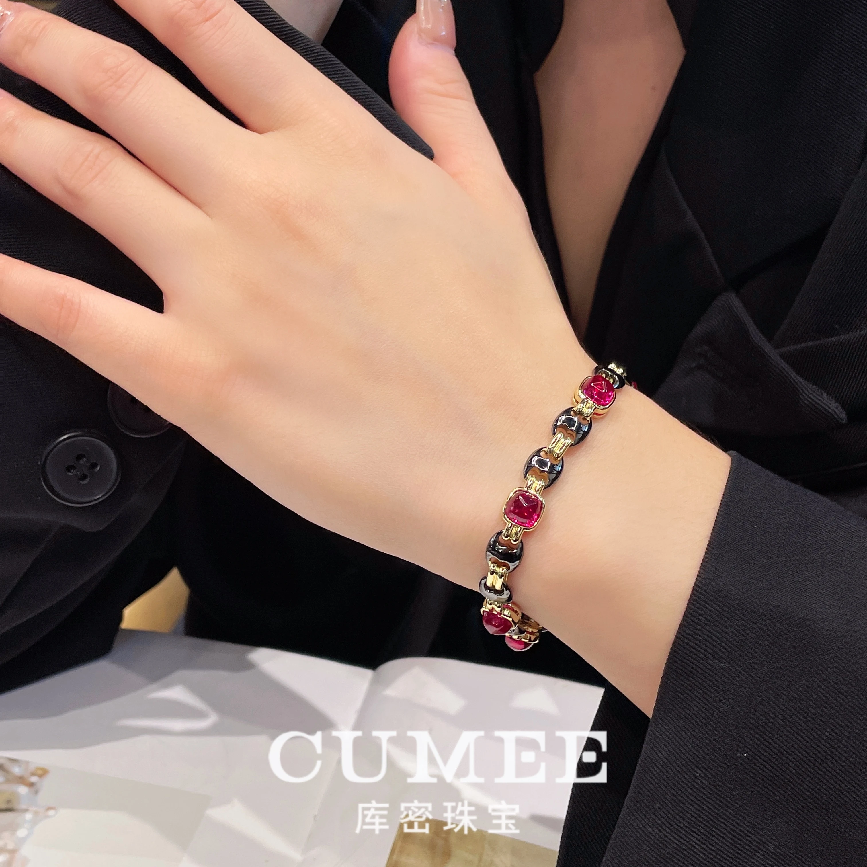 CUMEE Vintage Barlow Style Exquisite Cultivation Synthetic Ruby Candy Tower Bracelet 925 Silver Gold Plating