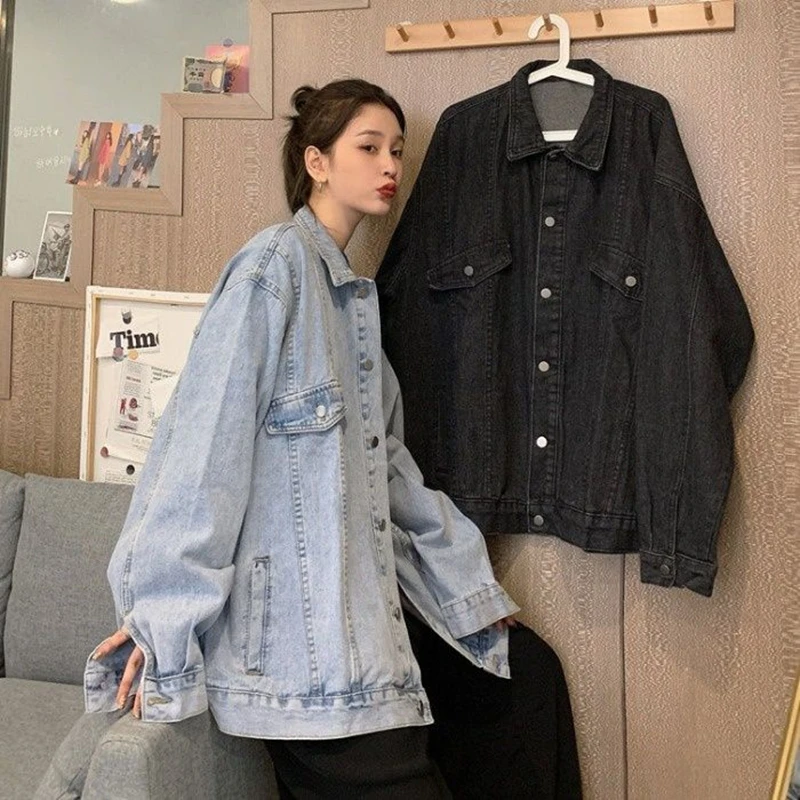

Women's Retro Loose Denim Jacket Autumn Casual Warm Top Vintage Female Long Sleeve Single-breasted Coat 2000s Clothes