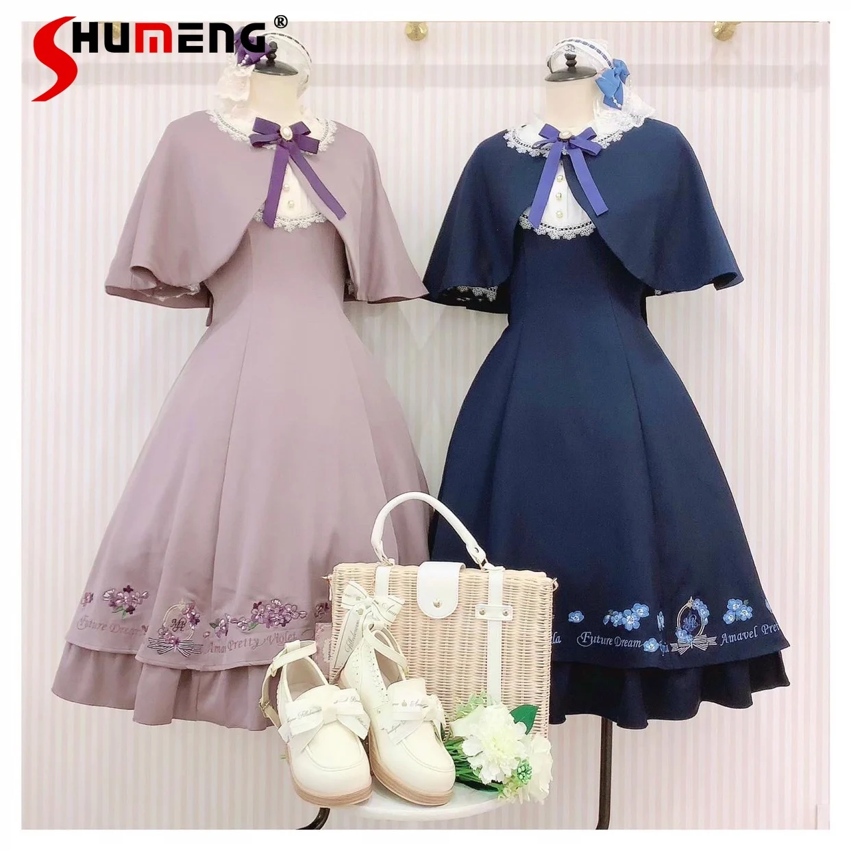 Elegant Vintage Pastoral Style Embroidered Ruffles Collar Short Sleeve Lace-up Bow High Waist Slim a-Line Dress Women With Cloak