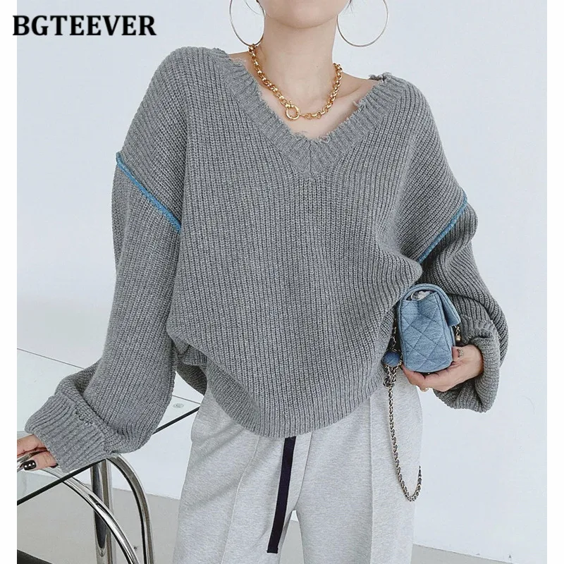 

BGTEEVER Autumn Winter V-neck Warm Loose Pullovers Sweaters Women Vintage Long Sleeve Women Knitted Jumpers
