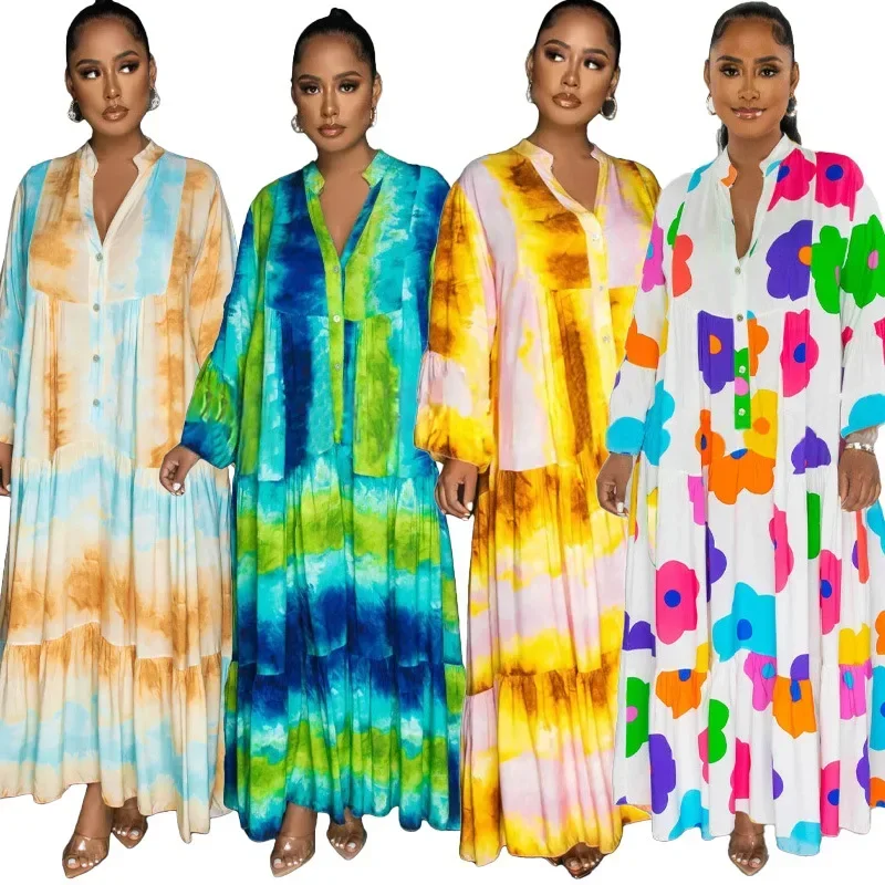 2024 Spring New Arrival African Women Long Sleeve V-neck Print Long Maxi Dress Dashiki African Dresses for Women Outfits Gowns