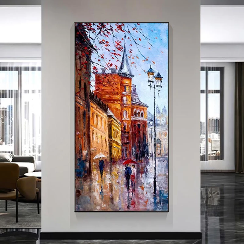 

OuzerQing100% Hand Painted Oil Painting On Canvas Abstract Street Landscape Picture Wall Art Living Room Home Decoration Unframe