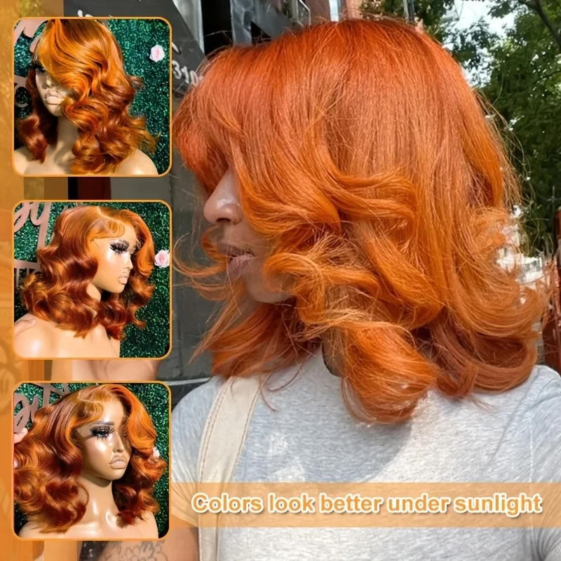 Parrucca Bob 4x4 Trasparente Anteriore Del Merletto Dell'onda Del Corpo Parrucche Dei Capelli Umani Parrucca Corta Dei Capelli Umani Aggiornamento Snug Fit Zenzero Arancione Parrucche Dei Capelli Umani