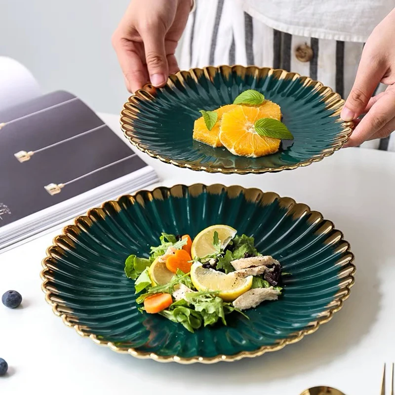 Green Ceramic Tableware Set Plates for Food Dinner Luxury Chrysanthemum Dishes Salad Soup Bowl Plates and Bowls Set Leaf Plates