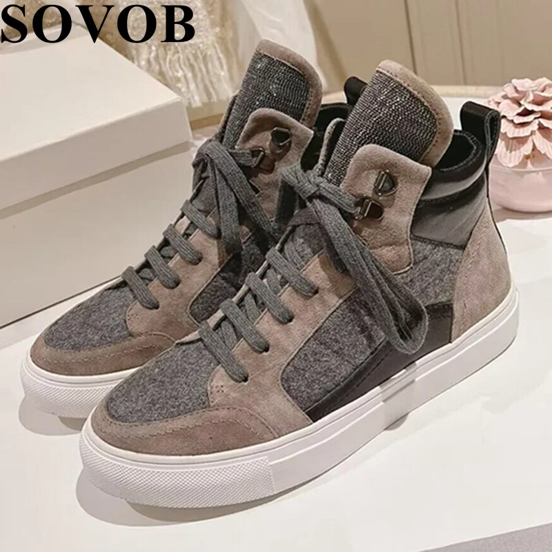 New Spring  Autumn Thick Bottom Flat Bottom Color blocked Lace up Short Boots Women Round Head Versatile Retro Ankle Boots 2024