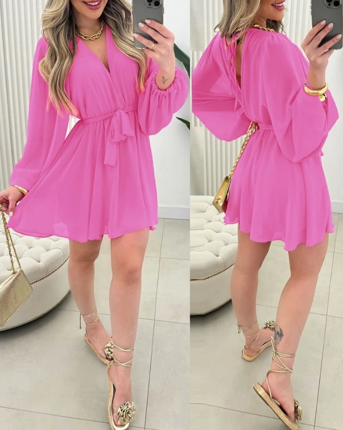 

Jumpsuit Women 2025 Spring New Chiffon V-Neck Long Sleeve Romper Tied Detail Backless Casual Daily Above Knee Skort Overall