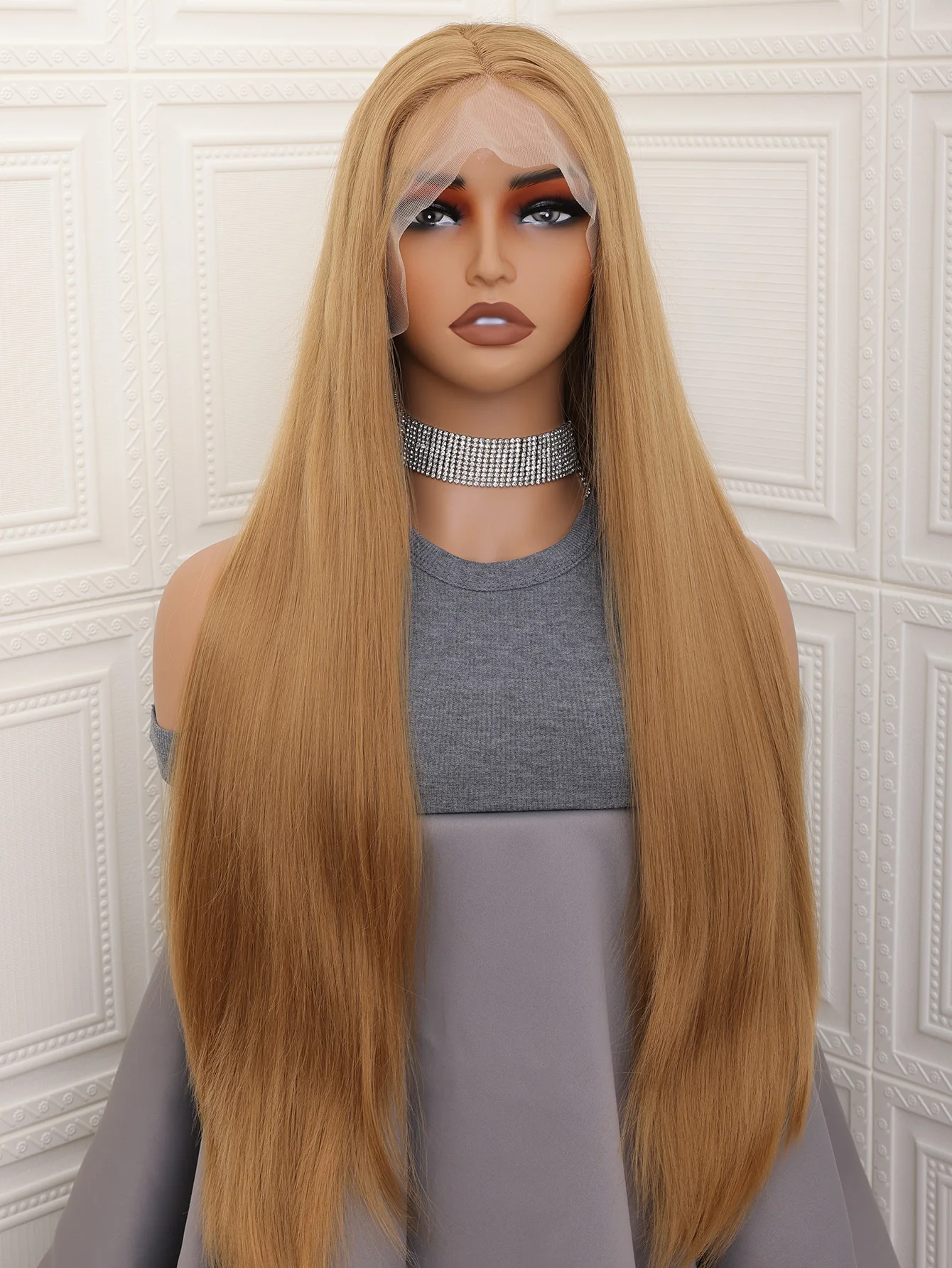 

26-дюймовый медовый блондин, плотность 180, бесклеевой синтетический шелковистый прямой длинный парик 13*4*1 на шнуровке для чернокожих женщин, предварительно выщипанные детские волосы