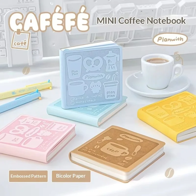 Rosyposy Mini Coffee Notebook Portable Mini Binder Journal Dual Color Embossed Pu Cover Soft Pu Material Cute Diary Planner Book