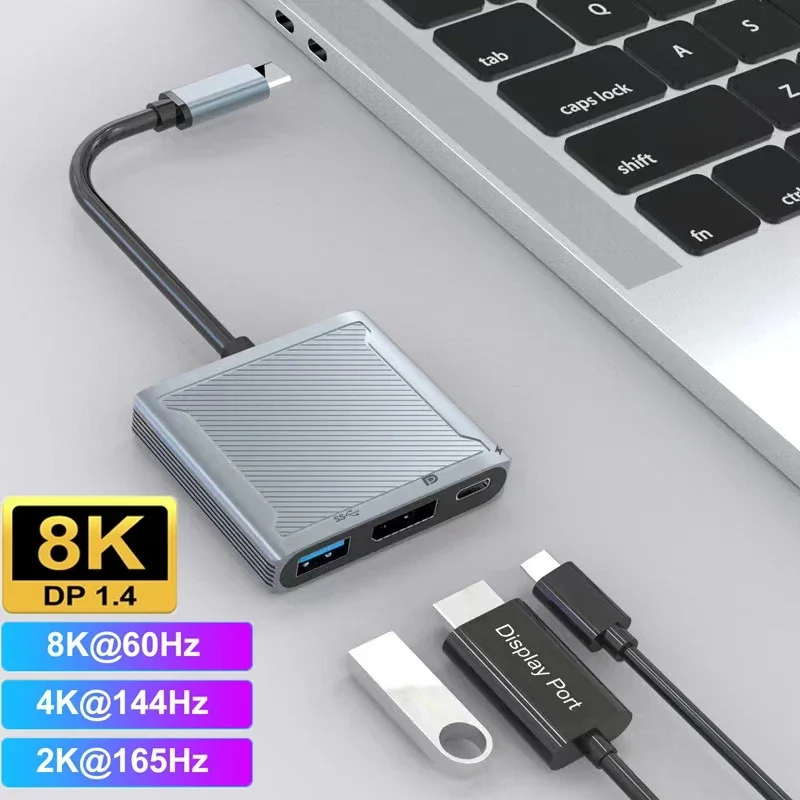 

3 In 1 USB C To DP1.4 Hub Thunderbolt3 Type-C To 8K@60Hz 4K@144Hz DisplayPort/USB/100W PD Port Dock Converter for Laptop Monitor