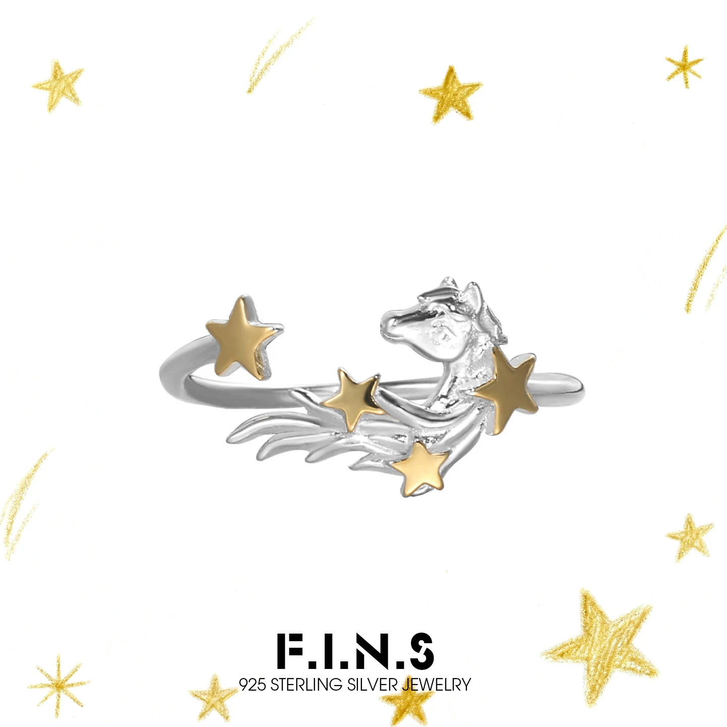 F.I.N.S Original Star Horse 925 Sterling Silver Ring Color Blocking Flying Pony Open Adjustable Mid Finger Fine Jewelry Gifts