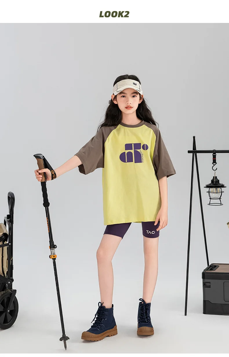 女の赤ちゃんのための半袖Tシャツ,夏のトップ,中型,山のプリント,綿,対照的,2024