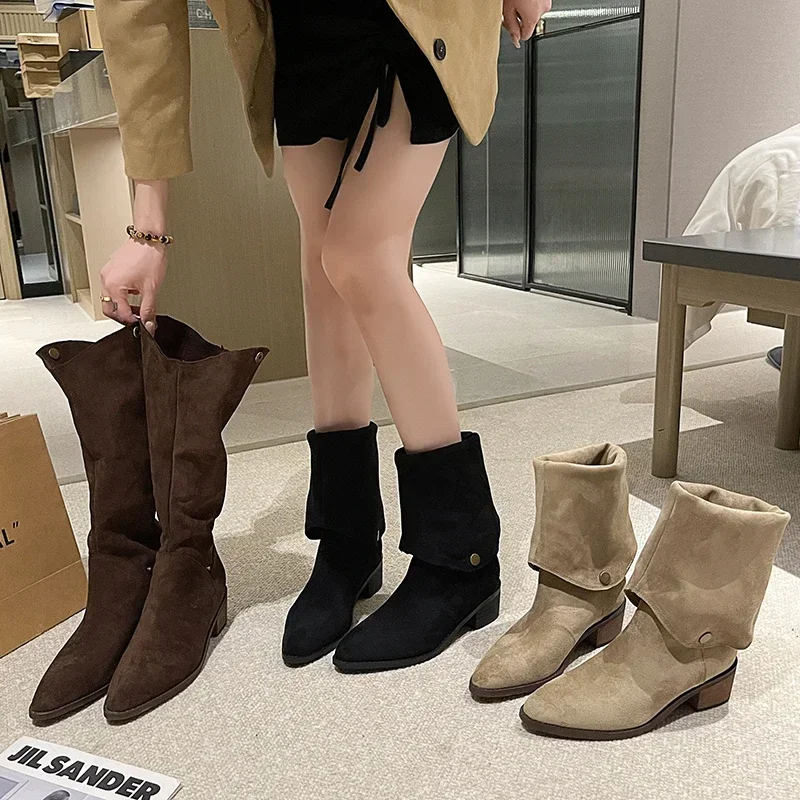 

Retro Style Women Western Cowgirl Boots Fashion Slip On Shoes Autumn Winter Square Low Heel Ladies Knight Long Booties large siz