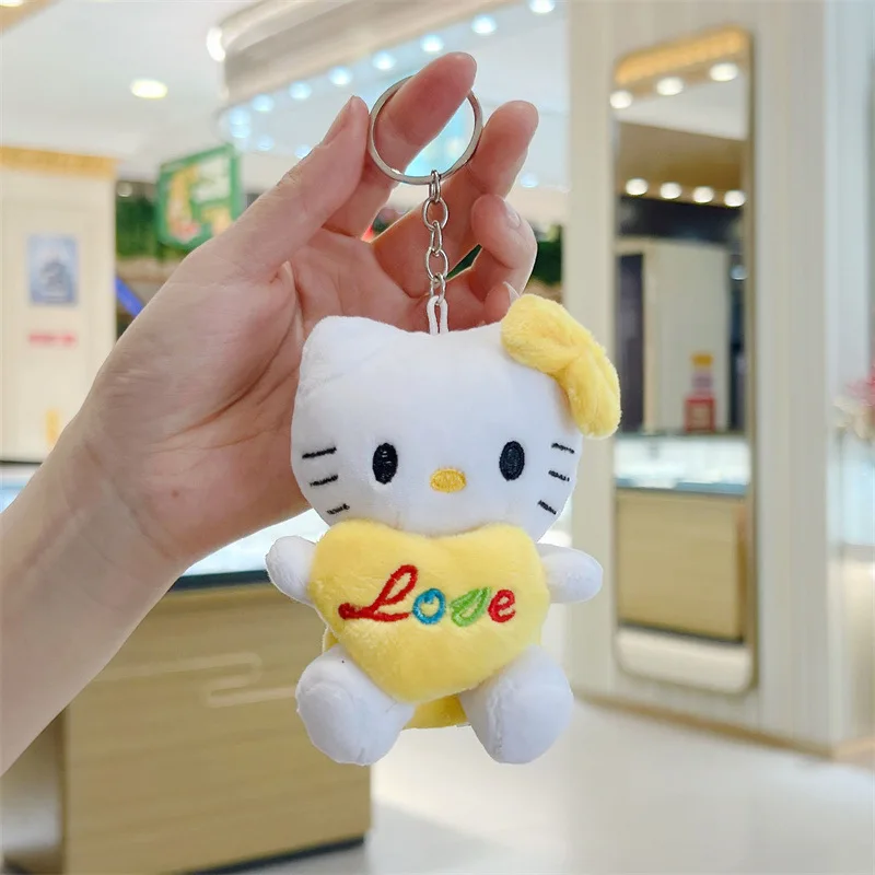 LLavero de muñeco de peluche Sanrio Hello Kitty, colgante Kawaii de dibujos animados, muñeca de peluche de gatito Heartfelt, mochila colgante, juguete para niña, 11cm, nuevo