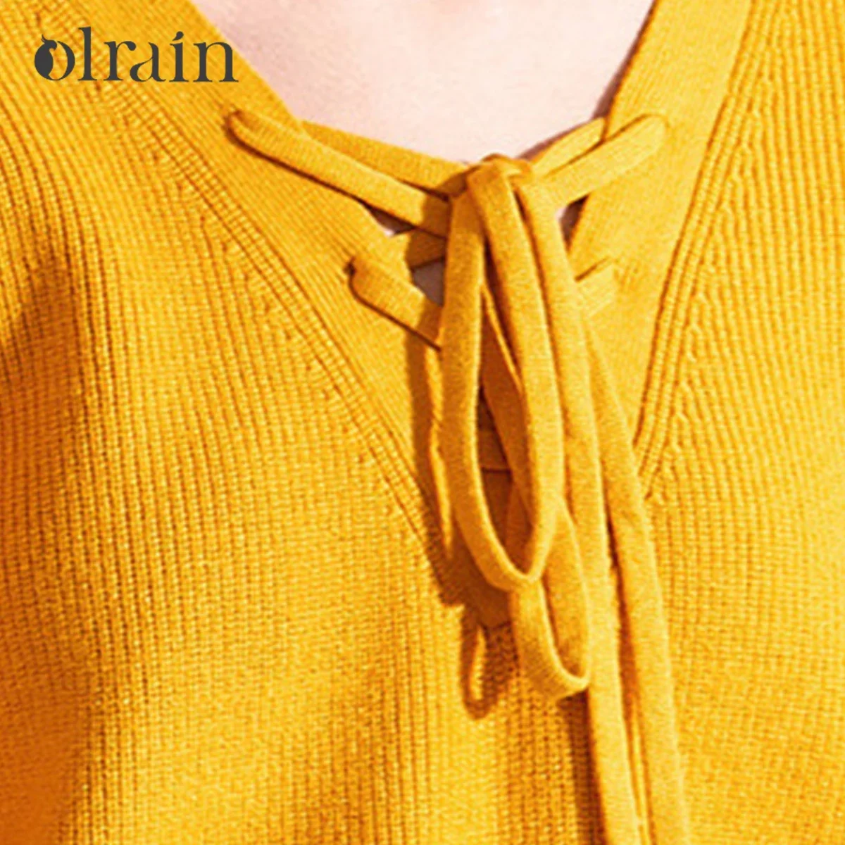 OLrain Ginger Yellow Knit Pullovers for Women 2025 Autumn New Commute Lace Up V Neck Flare Sleeve Tops Female Clothing 9QZB23111