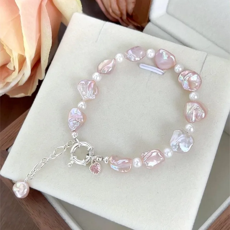 Simple Love Pink Pearl Bracelet For Women Korean Irregular Imitation Pearl Luxury Zircon Adjustable Bracelets Wedding Jewelry