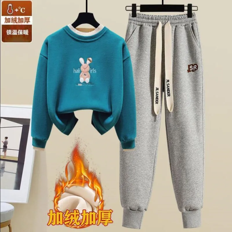 Women\'s Winter Casual Tracksuit Suit Korean Elegant Cotton Cartoon O-Neck Pullover Sweater Plush Pants Sportwear Two Piece Set