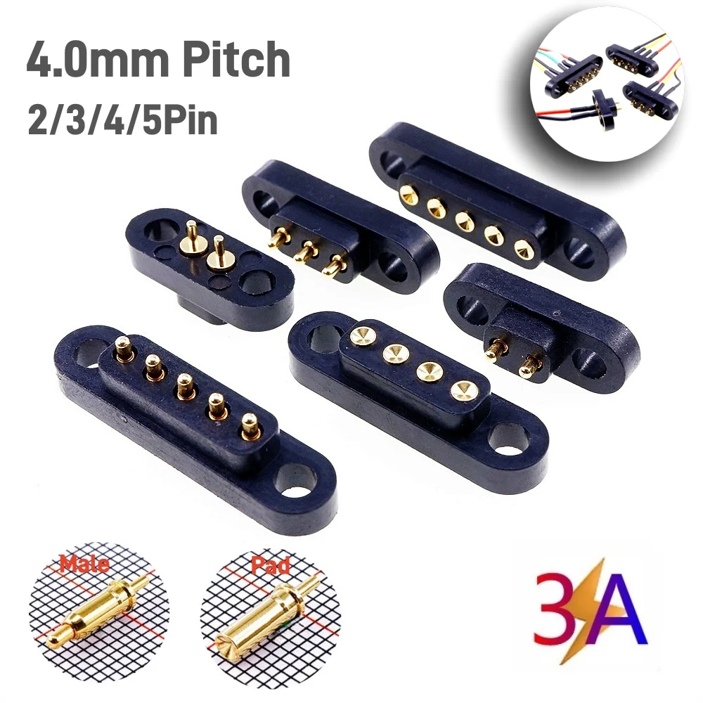 1/3/5 Pairs PogoPin Connector 3A Male Female 4.0mm Pitch Spring Loaded 2 3 4 5Pin DIP Through Hole PCB Mounting Ear Gold Plated