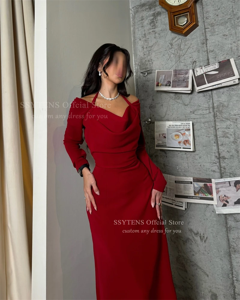 

SSYTENS Элегантные красные вечерние платья с длинными рукавами и открытыми плечами, вечернее платье с лямкой на шее для женщин, вечерние платья в Саудовской Аравии по индивидуальному заказу