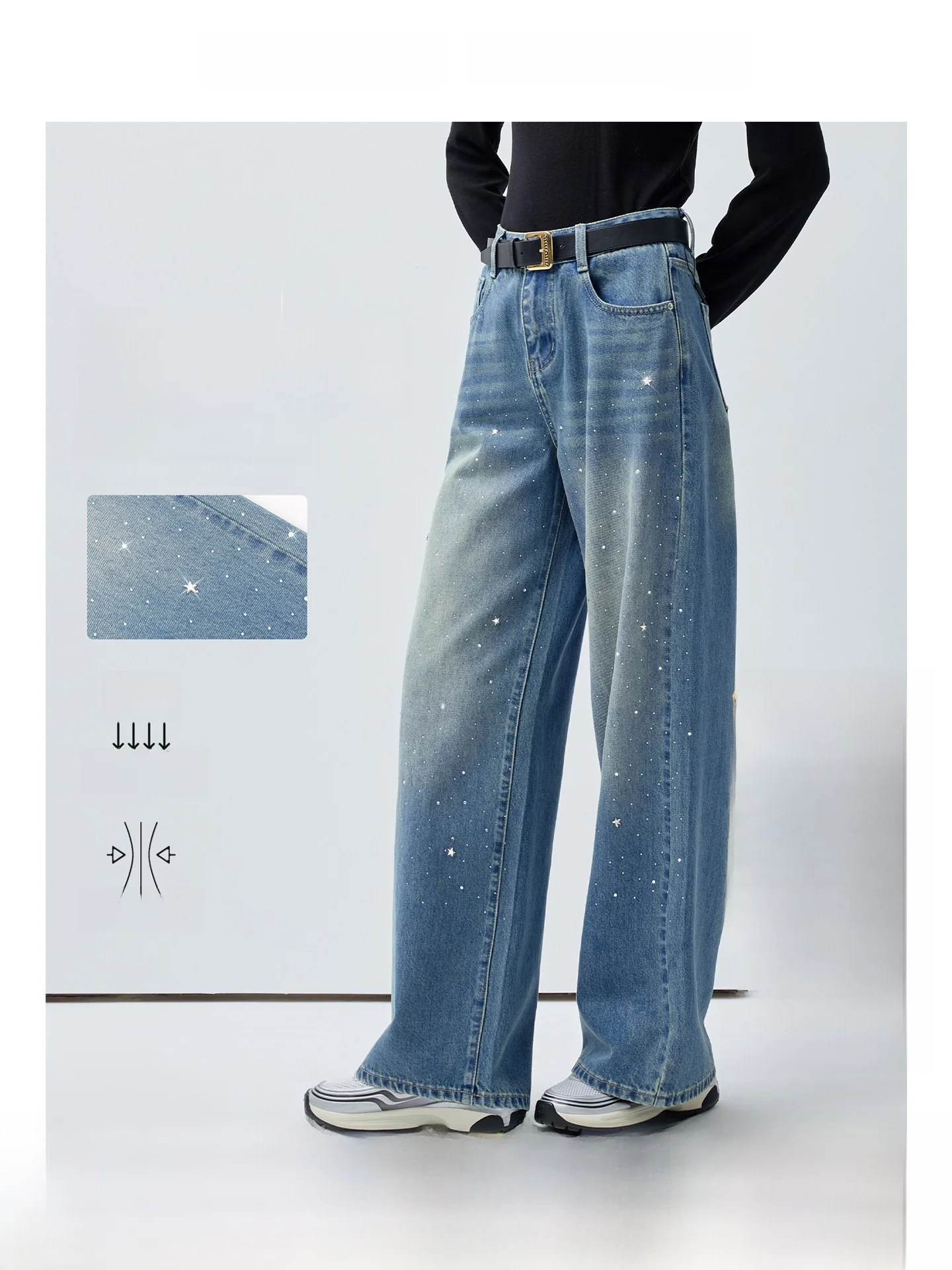 

High Waist Glittering plus Size Women's Jeans Straight Leg Wide Leg Pants Slimming Effect Spring New Sle for Plump MM