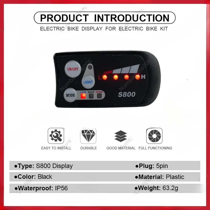 LED Meter S800 for Bicycle Mountain Bike Lithium Battery Modification, Waterproof Connector Is Suitable for 24V, 36V, 48V