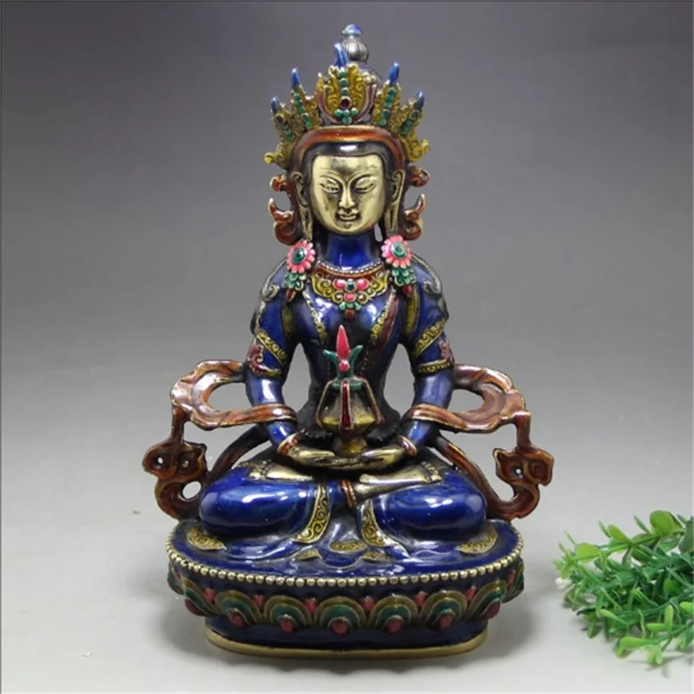 decoration brass factory Pure Brass Antique 8.66 inch Exquisite Chinese hand-carved cloisonne buddhist Buddha green tara statue