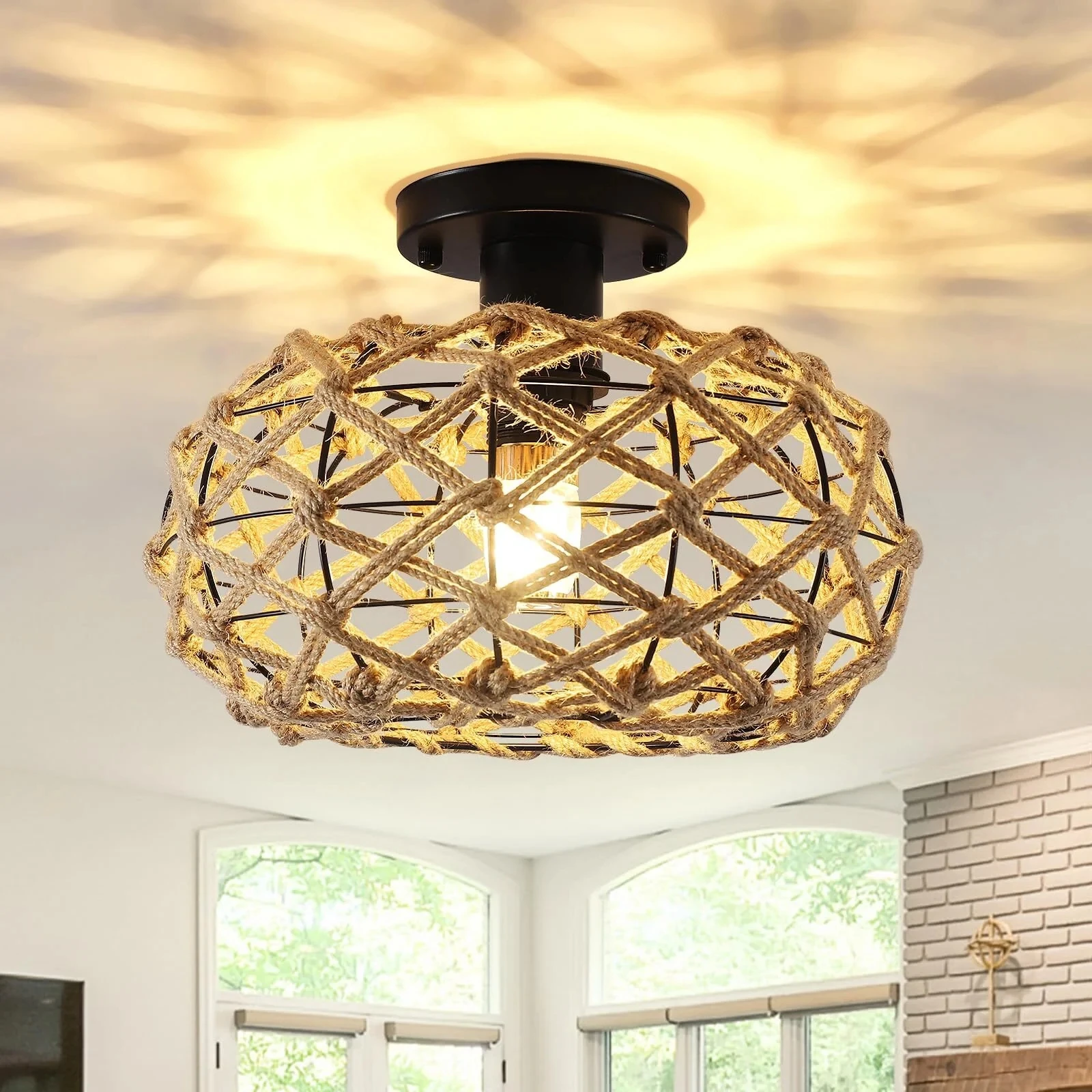 Deckenleuchte aus Hanfseil, Schwarz, Eisen, D30 * H20,5 cm, E27-Sockel (ohne Leuchtmittel), für