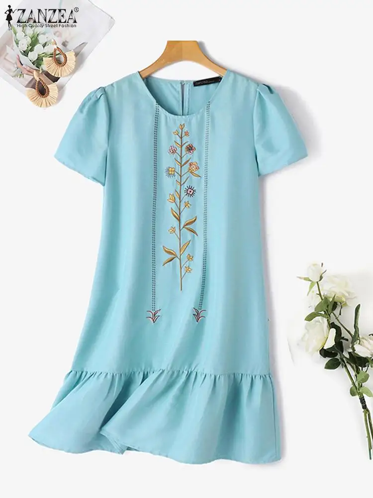 ZANZEA Women Embroidery Knee Dresses Fashion Short Sleeve Loose Robe 2024 Summer Holiday O-Neck Dress Casual Stitching Sundress