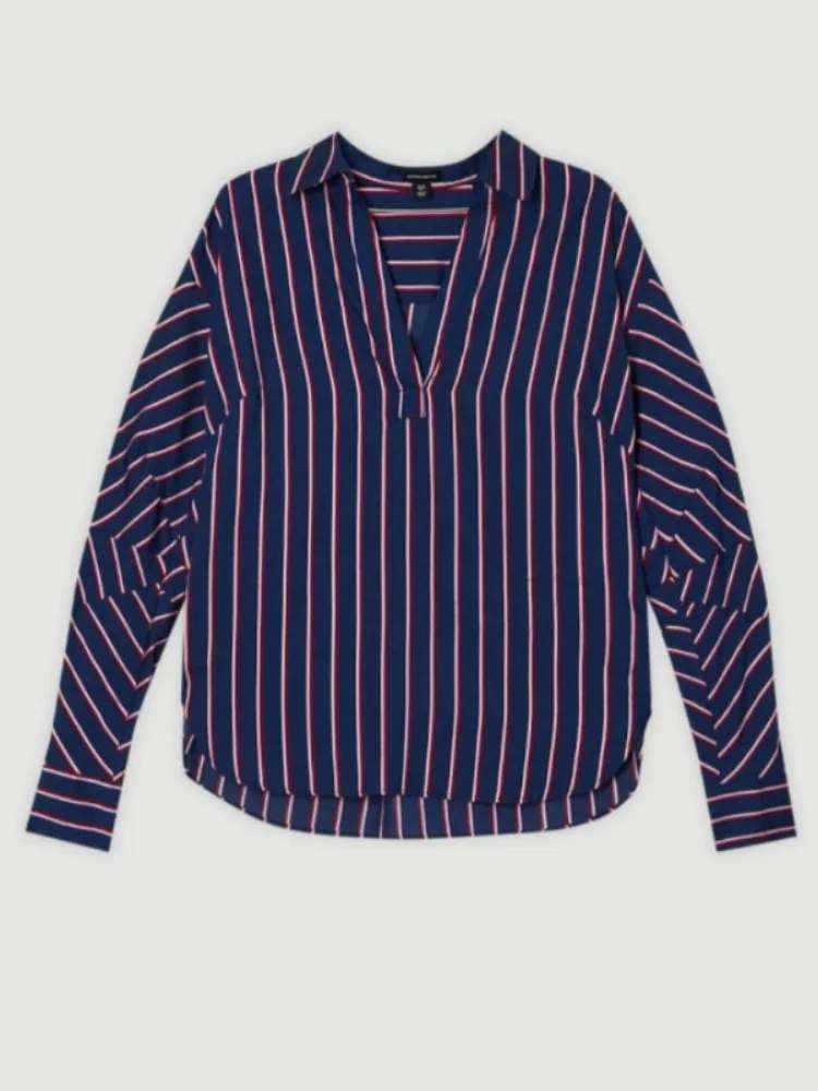 Gymystars Autumn Women Striped Blouse V Neck Lapel Collar Loose Fit Casual Shirt Top Blue Long Sleeve Office Daily Wear Fashion