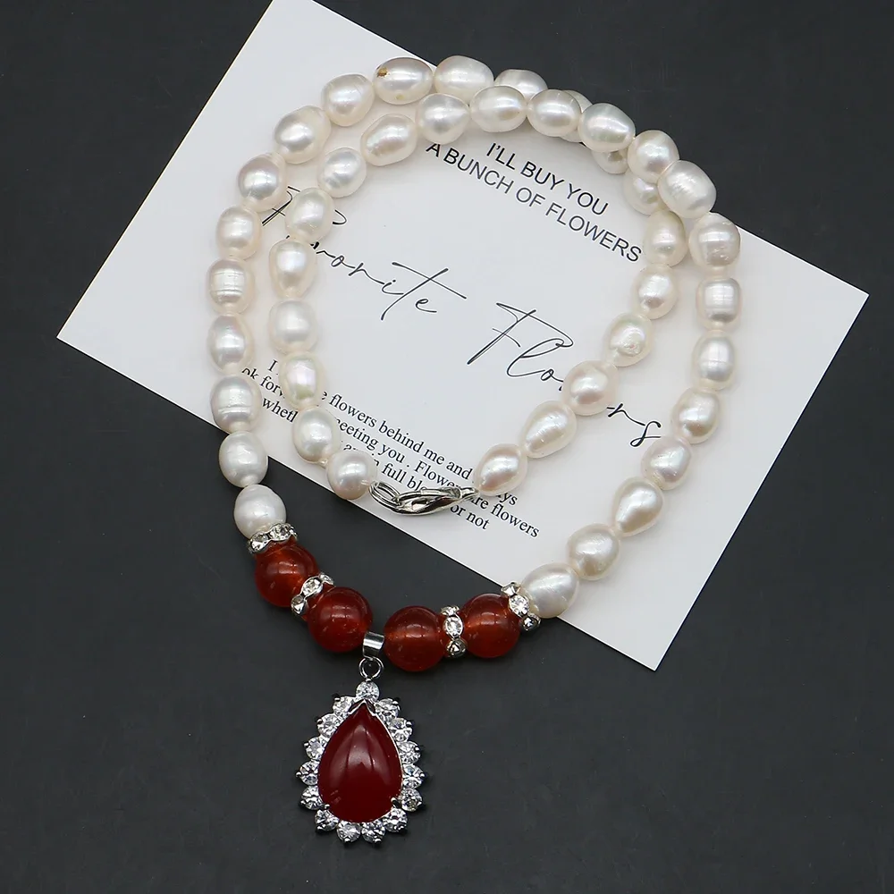 Gorgeous Natural Freshwater Pearl Necklace Rice Beads Teardrop-Shaped Design Jewelry Inlaid Rhinestones Edging Versatile Gift